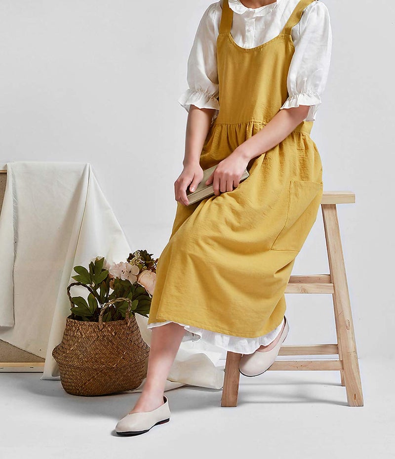 NEWGEM Cotton Linen Cross Back Apron for Women with Pockets for Cooking Cleaning Yellow without Waist Ties - Image 2